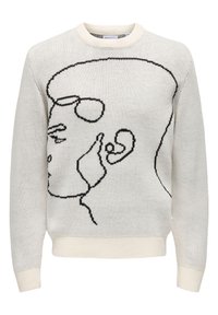 Bílý pletený svetr s černým liniovým designem znázorňujícím profil. Má kulatý výstřih a žebrované manžety a lem. Měkká textura.