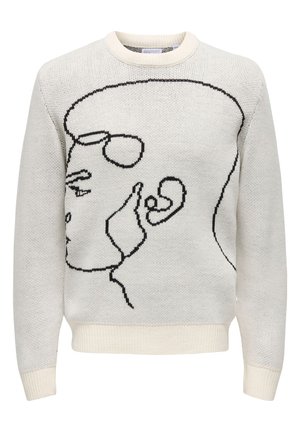 Maglione bianco a maglia con design in linea nera che rappresenta un profilo. Presenta un colletto rotondo e polsini e orlo a coste. Tessuto morbido.