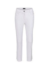 Weiße gerade geschnittene Hose aus einem Baumwollgemisch, mit vorderen Taschen, einem Reißverschluss und Knopfverschluss sowie dezenten Seitenschlitzen am Saum.