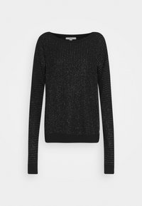 Pull noir à manches longues, avec une texture côtelée et des accents en fil métallique. Encolure ronde et poignets ajustés.