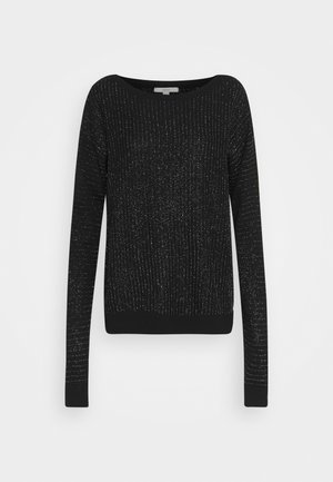Maglione nero con maniche lunghe, caratterizzato da una texture a coste e filamenti metallici in accento. Collo rotondo e polsini aderenti.