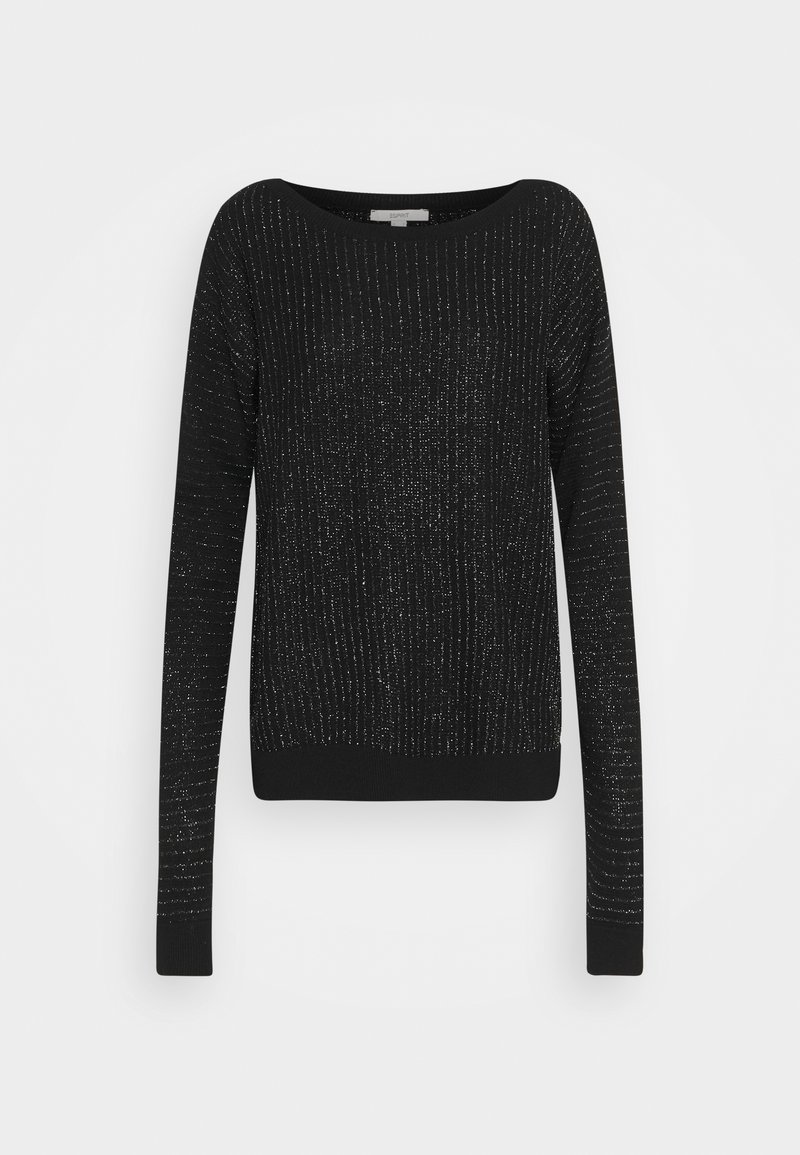 Pull noir à manches longues, avec une texture côtelée et des accents en fil métallique. Encolure ronde et poignets ajustés.