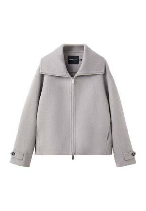 Veste gris clair avec un large col, une fermeture éclair à l'avant et des poches latérales. Comprend des poignets à boutons et un tissu texturé.