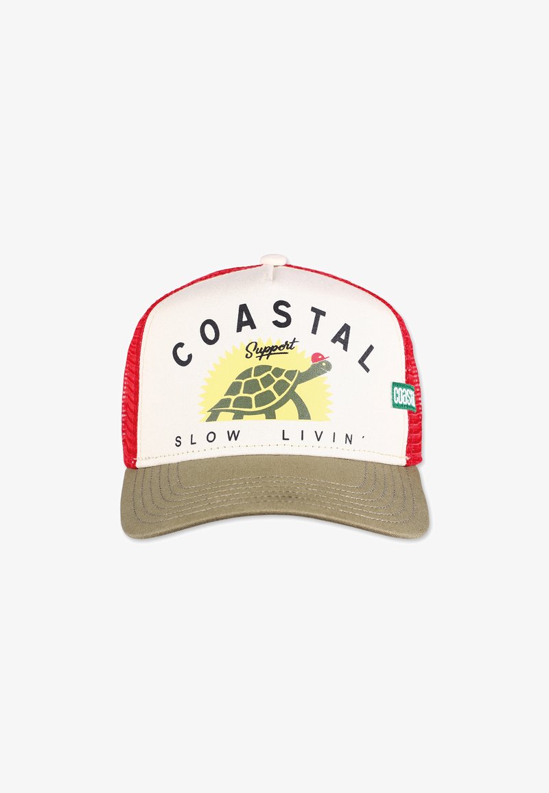 Trucker hat with a white front, red mesh sides, and a green brim. Features a turtle graphic and text "COASTAL Support SLOW LIVIN'".