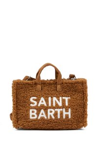 Borsa in tessuto marrone e morbido con manici in pelle; presenta il testo bianco "SAINT BARTH". Forma rettangolare con superficie testurizzata e chiusura con zip.