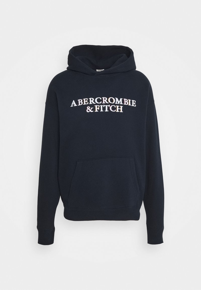 Felpa blu navy con tasca frontale, caratterizzata dal logo del testo bianco "ABERCROMBIE & FITCH". Realizzata in morbido cotone, con polsini a costine.