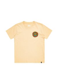 Geel katoenen T-shirt met een kleurraf ego rond graphic op de linkerkant van de borst, korte mouwen en een standaard ronde hals.