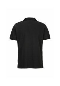 Schwarzes Poloshirt mit klassischem Kragen, kurzen Ärmeln und glatter Textur. Einfaches Design ohne auffällige Muster oder Akzente.