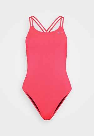 Enkelt stykke badedragt i klar pink stof med krydsede stropper på ryggen og højt skåret ben-design. Nike-logo i hvid på brystet.