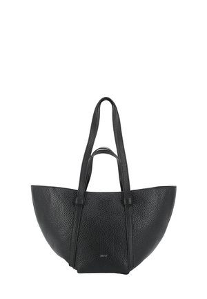 Black textured leather tote bag with two long handles and one short handle, featuring a wide trapezoid shape and subtle logo near the bottom center.