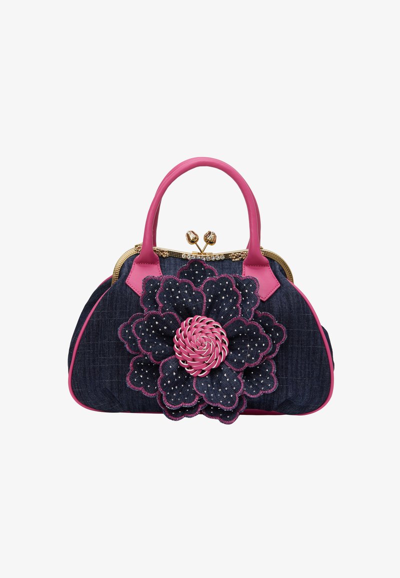 Denimhandväska med rosa detaljer, prydd med ett stort blommönster, texturerade blad och ett guldfärgat lås med dekorskarvar.