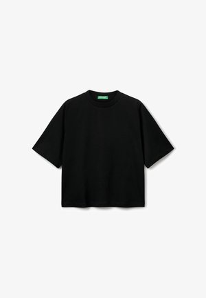 T-shirt noir à manches courtes en coton avec un col rond. Présente une coupe décontractée et des coutures plates, sans motifs ni accents visibles.