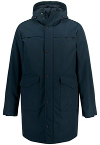 Veste parka bleu marine en tissu texturé, dotée d'une fermeture éclair frontale, de boutons-pression, de deux grandes poches appliquées et d'une capuche à cordon de serrage.