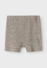 Shorts en coton marron clair avec une texture côtelée, dotés d'une taille élastique et d'ouvertures de jambe arrondies pour plus de confort.