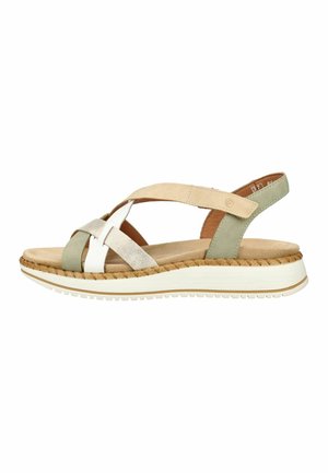 Damen-Casual-Sandalette mit mehrfarbigen breiten Riemen, gepolstertem braunem Fußbett und dicker weißer Sohle mit strukturiertem hellbraunem Rand.