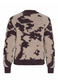 Pull en maille beige avec un motif abstrait marron foncé, tissu texturé, col rond et poignets et ourlet côtelés.