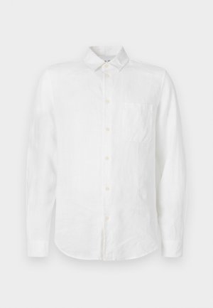 Bela lanena srajca z dolgimi rokavi, ovratnikom z gumbi, enim žepom na prsih in bisernimi gumbi. Gladek otip in sproščen kroj.