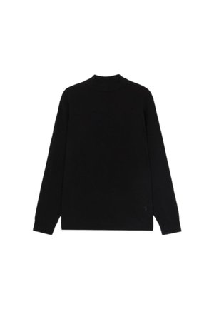 Suéter negro de manga larga con un alto cuello, con un corte relajado y una textura suave. Sin hardware visible ni patrones.