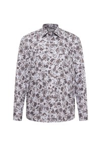 Langärmliges Hemd in Weiß mit einem braunen Blumenmuster. Verfügt über einen klassischen Kragen und eine durchgehende Knopfleiste. Hergestellt aus weichem, leichtem Stoff.