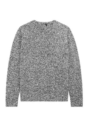 Maglione lavorato a maglia bianco e nero con scollo rotondo, maniche lunghe e motivo testurizzato su tutta la superficie. Nessun hardware o accessori visibili.