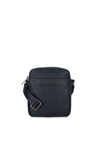 Navy leather crossbody bag with a flat design, zip closure, and adjustable strap. Features brown stitching and a logo on the front.