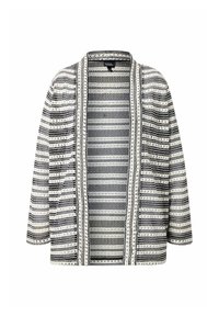 Vlněný cardigan v černobílé barvě s horizontálními pruhy, otevřená přední část, dlouhé rukávy a uvolněný střih. Disponuje texturovanými detaily a lehkým provedením.