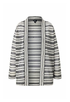Vlněný cardigan v černobílé barvě s horizontálními pruhy, otevřená přední část, dlouhé rukávy a uvolněný střih. Disponuje texturovanými detaily a lehkým provedením.