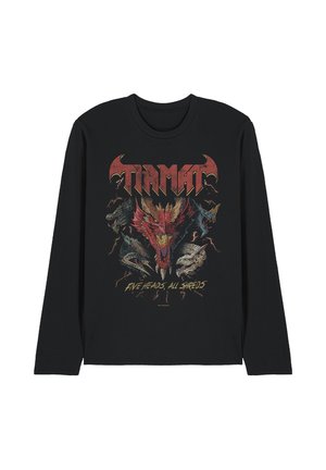 Black long-sleeve shirt with colorful five dragon heads graphic, red stylized "Tiamat" text above, and "Five Heads, All Shreds" below.