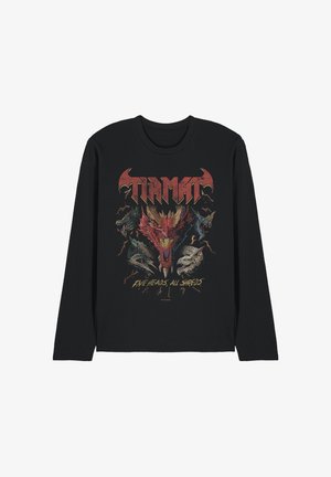Black long-sleeve shirt with colorful five dragon heads graphic, red stylized "Tiamat" text above, and "Five Heads, All Shreds" below.