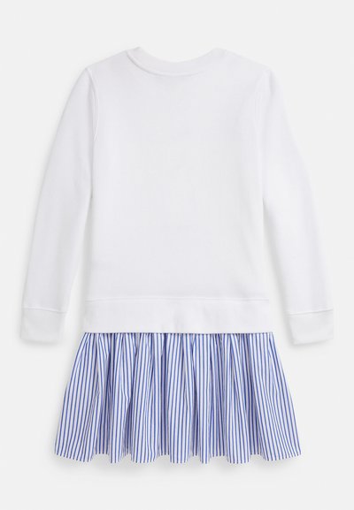 Λευκή μπλούζα με μακριά μανίκια και πλισέ μπλε και λευκή ριγέ φούστα στο τελείωμα, με στρογγυλή λαιμόκοψη και ριμπ τελειώματα στα μανίκια.