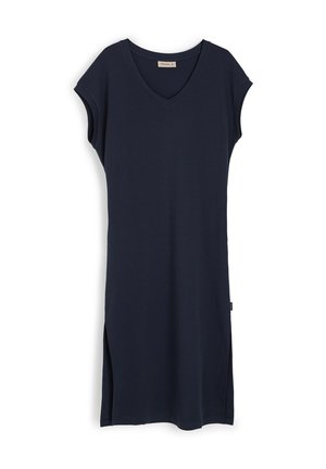Granatowa, krótka sukienka z dekoltem w serek, wykonana z gładkiej bawełny, z bocznymi rozcięciami dla swobody ruchów. Prosty, minimalistyczny design.
