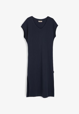 Granatowa, krótka sukienka z dekoltem w serek, wykonana z gładkiej bawełny, z bocznymi rozcięciami dla swobody ruchów. Prosty, minimalistyczny design.