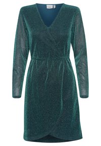 Robe portefeuille vert foncé scintillante avec manches longues en voile transparent, décolleté en V, taille élastique et jupe style tulipe.