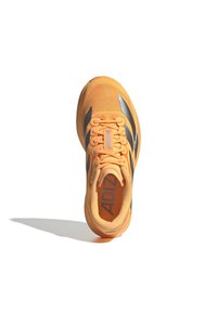 Bright orange Adidas Adizero running shoe with black stripes, laces tied, viewed from above against white background.