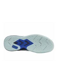 Suola della scarpa con un motivo testurizzato; gomma blu chiaro con accenti neri e blu; progettata per trazione e stabilità.