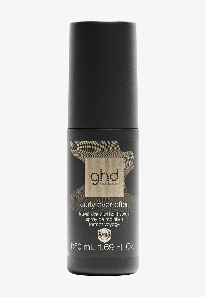 Flacon spray noir format voyage étiqueté ghd curly ever after curl hold spray avec protection contre la chaleur, capacité 50 ml.