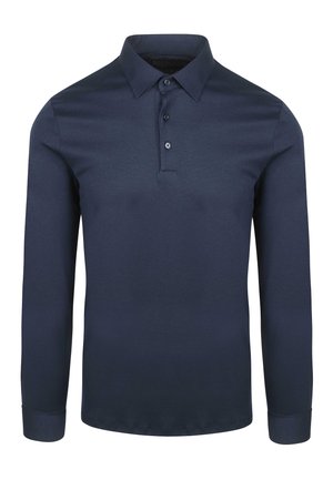Marineblaues Langarm-Polo-Shirt aus glattem Stoff; mit klassischem Kragen, drei-Knopf-Leiste und geknöpften Ärmeln. Keine sichtbaren Muster.
