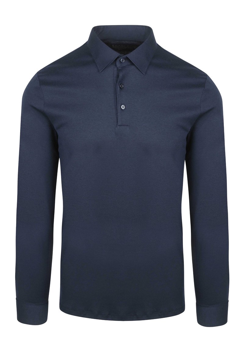 Marineblauwe poloshirt met lange mouwen, gemaakt van gladde stof; voorzien van een klassieke kraag, een placket met drie knopen en manchetten. Geen zichtbare patronen.