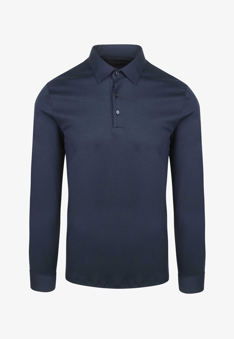 Marineblauwe poloshirt met lange mouwen, gemaakt van gladde stof; voorzien van een klassieke kraag, een placket met drie knopen en manchetten. Geen zichtbare patronen.