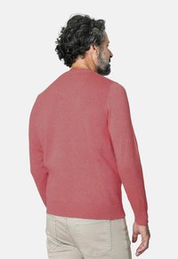 Suéter de punto rojo con mangas largas y escote redondo, con puños y dobladillo acanalados, llevado por un hombre visto desde atrás.