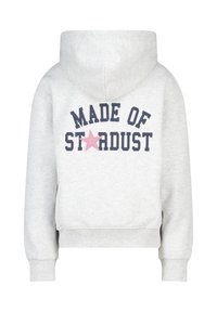 Felpa grigia con cappuccio caratterizzata da un grande testo stampato "FATTO DI POLVERE DI STELLE" in blu navy con un accento a forma di stella rosa. Tessuto morbido e cappuccio con cordino.