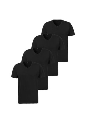 Pakka neljä lyhythihaista, V-kaula-aukkopaitaa mustana. Valmistettu pehmeästä puuvillakankaasta, jossa on sileä rakenne ja klassinen leikkausdesign.