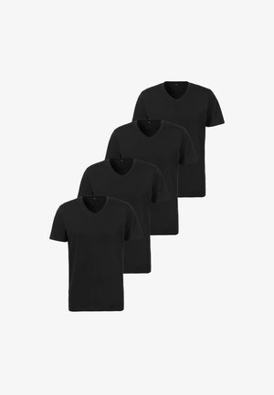 Confezione di quattro t-shirt a maniche corte, con scollatura a V, di colore nero. Realizzate in morbido cotone con una texture liscia e un design classico.