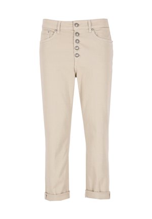 Pantaloni in misto cotone beige con una vestibilità attillata, chiusura a cinque bottoni, cinque tasche e orli arrotolati per un look cropped.