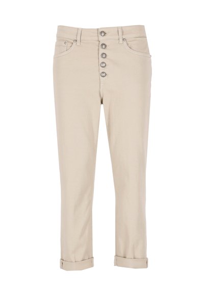 Pantaloni in misto cotone beige con una vestibilità attillata, chiusura a cinque bottoni, cinque tasche e orli arrotolati per un look cropped.