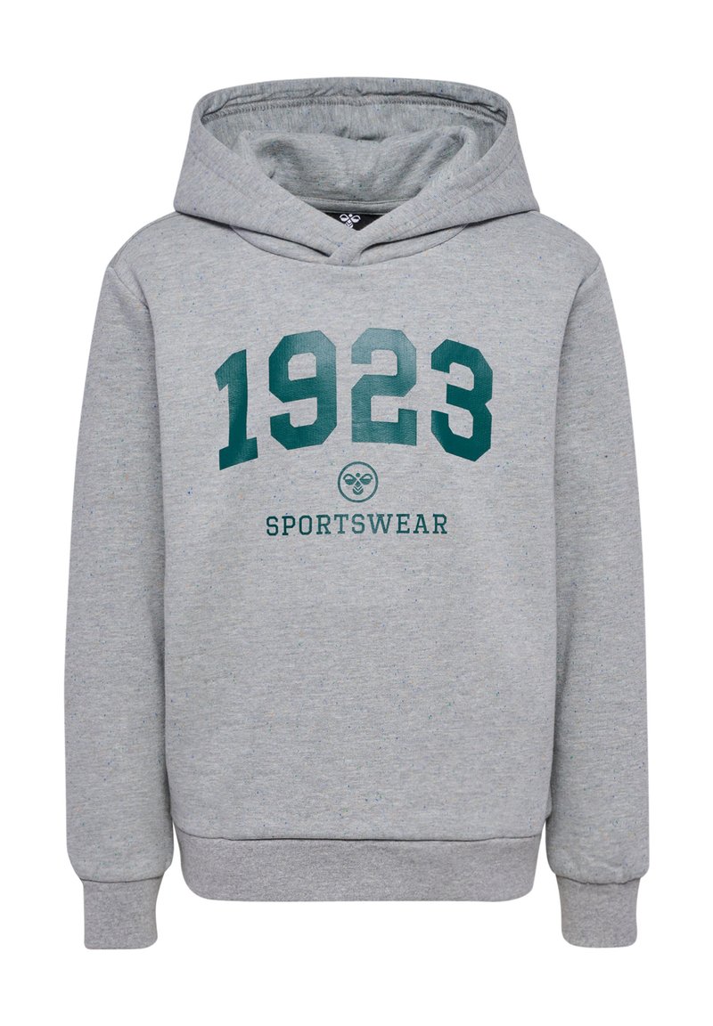 Grijze hoodie met een gestructureerde afwerking, voorzien van een grote groene "1923" opdruk en "SPORTSWEAR" eronder. Het heeft een capuchon met trekkoord en ribgebreide manchetten.