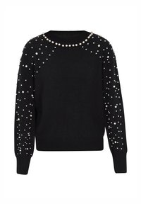 Maglione nero con scollatura rotonda e maniche lunghe, ornato da decorazioni di perle bianche disposte in modo irregolare sul tessuto.