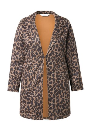 Cappotto con stampa leopardata, foderato in marrone, con maniche lunghe, colletto a punta e due tasche frontali. Realizzato in tessuto texture.