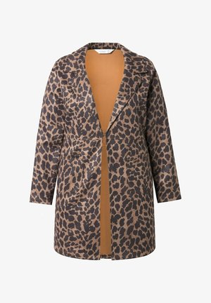 Kabát s leopardím vzorem a hnědým vnitřním podšitím, dlouhými rukávy, zářezovým límcem a dvěma předními kapsami. Vyroben z texturované tkaniny.