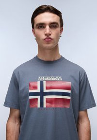 Grå bomuld t-shirt med et grafisk norsk flag i rød, hvid og blå, hvor "NAPAPIJRI" er trykt ovenfor og "geographic" nedenfor.